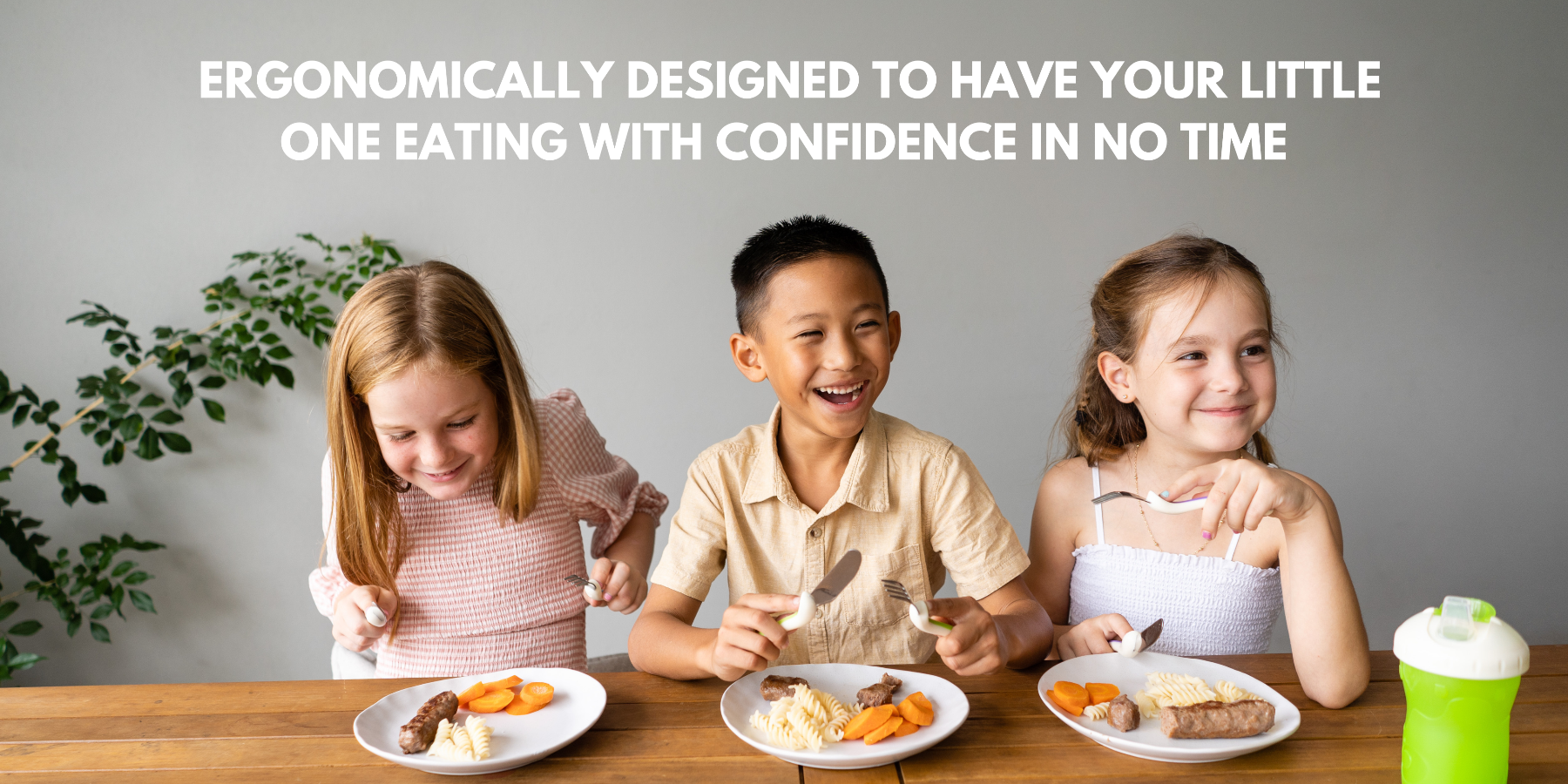  three children using the My First Cutlery' set, including a knife, fork, and spoon. Featuring ergonomic handles with finger indents for ease of use. The stainless-steel fork has rounded prongs, the spoon has a shallow bowl, and the knife is designed to be safe for small hands. The soft, overmoulded handle materials provide added grip and comfort, encouraging confident, independent eating.